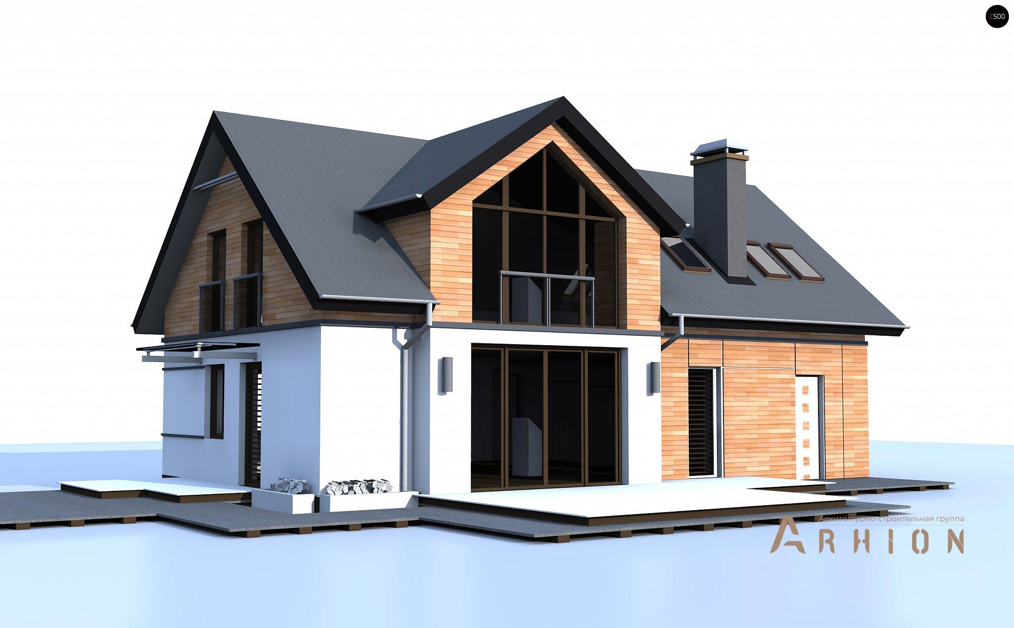 12. Проект одноэтажного дома в европейском стиле с двускатной кровлей, Z226 plus, площадью - 175 кв c мансардой, терассой, гаражом, эркером